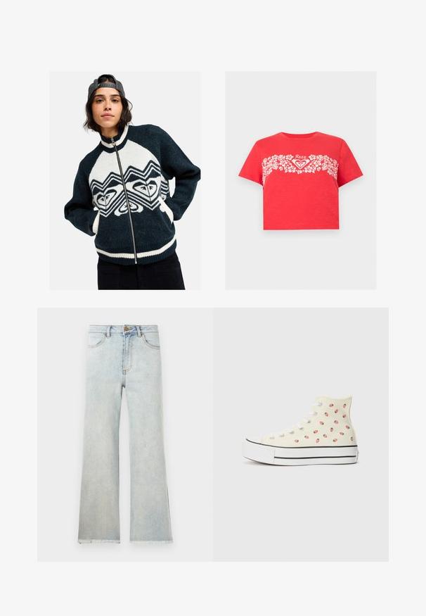 Jeune personne aux cheveux courts et foncés portant un pull zippé foncé avec des motifs géométriques de cœurs blancs et noirs et une casquette grise portée à l'envers.; T-shirt rouge court avec bande florale blanche sur la poitrine et logo "Roxy" centré au-dessus du motif floral.; Jean droit taille haute bleu clair avec poches avant, fermeture à boutons et ourlets effilochés sur fond blanc.; Des baskets montantes en toile jaune, ornées d'un motif de petites fraises rouges, avec des lacets blancs et une semelle blanche rayée de noir.