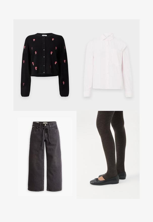 Gilet court noir avec broderie de cannes en sucre rouges et blanches, manches longues et fermeture par boutons. Texture en maille douce.; Chemise rose pâle à manches longues avec un col et une poche sur la poitrine, présentée sur un fond blanc.; Jeans larges noirs en jean, dotés d'une taille à cordon de serrage, de cinq poches et de détails de couture contrastés. Design à l'avant plat.; Jambes portant des leggings côtelés foncés associés à des ballerines noires avec de petits détails en nœud sur fond blanc.