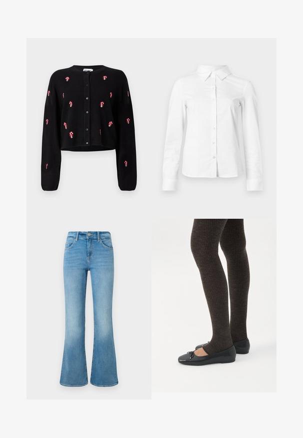 Sort cropped cardigan med rød og hvid slikstok-broderi, lange ærmer og knaplukning foran. Blød strik tekstur.; Hvid skjorte med lange ærmer, knapper, spids krave, lige kant og tætsiddende silhuet, vist på en ensartet lys baggrund.; Lyseblå denim flare jeans med forlommer, bæltestropper og knaplukning mod en hvid baggrund.; Ben iført mørke ribbede leggings kombineret med sorte balletsko med små sløjfedetaljer på hvid baggrund.