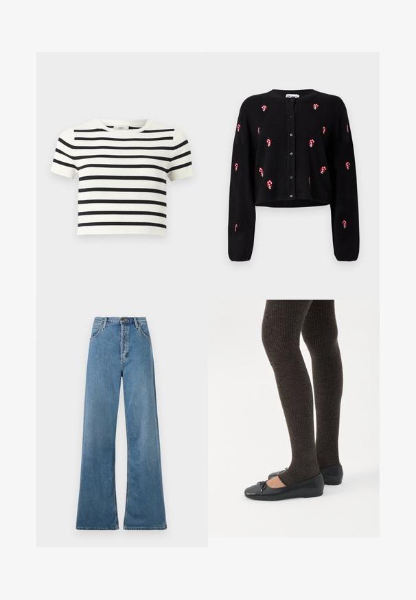 Zwart kort vest met rode en witte pepermuntstok-borduringen, lange mouwen en knoopsluiting aan de voorkant. Zachte brei-textuur.; Witte cropped top met korte mouwen, horizontale zwarte strepen en een ronde hals.; Lichtblauwe wijde jeans met een hoge taille, met voorzakken en een ritssluiting, weergegeven tegen een witte achtergrond.; Benen met donkere geribbelde leggings gecombineerd met zwarte ballerina's met kleine strikdetails op een witte achtergrond.