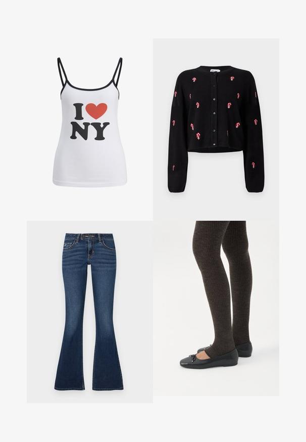 Sort cropped cardigan med rød og hvid slikstok-broderi, lange ærmer og knaplukning foran. Blød strik tekstur.; Hvid top med tynde sorte stropper, der har en stor sort "I" og "NY" tekst samt et rødt hjerte grafik imellem.; Flared jeans i mørkeblå denim med et klassisk fem-lomme-design, kontrastsyninger og lynlås med knaplukning.; Ben iført mørke ribbede leggings kombineret med sorte balletsko med små sløjfedetaljer på hvid baggrund.