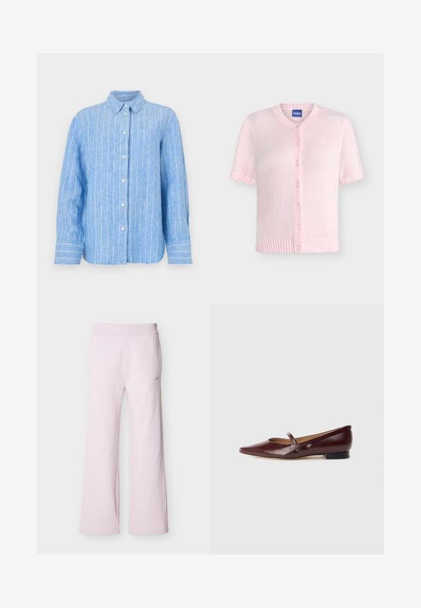Cárdigan de punto corto de manga corta en color rosa claro, con cuello redondo, cierre delantero con botones, puños y bajo acanalados, con etiqueta "HUGO" en el interior del cuello.; Camisa de lino azul claro con rayas verticales blancas, de mangas largas, con cierre de botones en la parte delantera y un cuello clásico. Tejido texturizado con un corte relajado.; Pantalones deportivos de pierna ancha color rosa claro con cintura elástica y pequeño logo bordado en la parte superior del muslo izquierdo.; Zapato plano de charol burdeos con punta afilada y una cinta decorativa a lo largo del empeine. Cuenta con un tacón bajo negro.