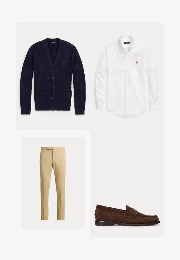 Marineblauer Zopfmuster-Cardigan mit V-Ausschnitt, fünf Knöpfen, zwei Fronttaschen und rotem Polo Ralph Lauren Logo auf der Brust.; Weißes, langärmliges Hemd mit Knopfleiste und Kragen sowie kleinem, gesticktem Logo auf der linken Brust, flach auf einem einfarbigen Hintergrund liegend.; Beige schmal geschnittene Hose mit Bügelfalte vorne, Gürtelschlaufen und verdecktem Frontverschluss auf schlichtem hellem Hintergrund.; Brauner Wildleder-Pennyloafer mit niedrigem Absatz und sichtbarer Naht an Zehen-, Seiten- und Rückbereich, dargestellt auf hellem, einfarbigem Hintergrund.