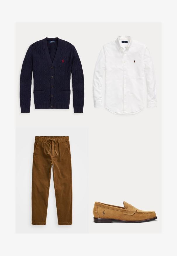 Marineblauer Zopfmuster-Cardigan mit V-Ausschnitt, fünf Knöpfen, zwei Fronttaschen und rotem Polo Ralph Lauren Logo auf der Brust.; Weißes, langärmliges Hemd mit Knopfleiste und Kragen sowie kleinem, gesticktem Logo auf der linken Brust, flach auf einem einfarbigen Hintergrund liegend.; Braune Cordhosen mit einem elastischen Bund und Zugband, seitlichen Taschen und geraden Beinen mit strukturiertem Rippenmuster.; Hellbrauner Veloursleder-Slipper mit genähten Details und kleinem besticktem Pferde-Logo an der Seite, mit niedrigem Holzabsatz und Schlupf-Design.