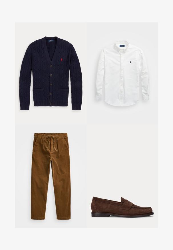Marineblauer Zopfmuster-Cardigan mit V-Ausschnitt, fünf Knöpfen, zwei Fronttaschen und rotem Polo Ralph Lauren Logo auf der Brust.; Weißes Button-Down-Hemd aus Baumwolle. Verfügt über einen spitzen Kragen, lange Ärmel und ein kleines marineblaues Logo auf der Brust. Glatte Textur.; Braune Cordhosen mit einem elastischen Bund und Zugband, seitlichen Taschen und geraden Beinen mit strukturiertem Rippenmuster.; Brauner Wildleder-Pennyloafer mit niedrigem Absatz und sichtbarer Naht an Zehen-, Seiten- und Rückbereich, dargestellt auf hellem, einfarbigem Hintergrund.