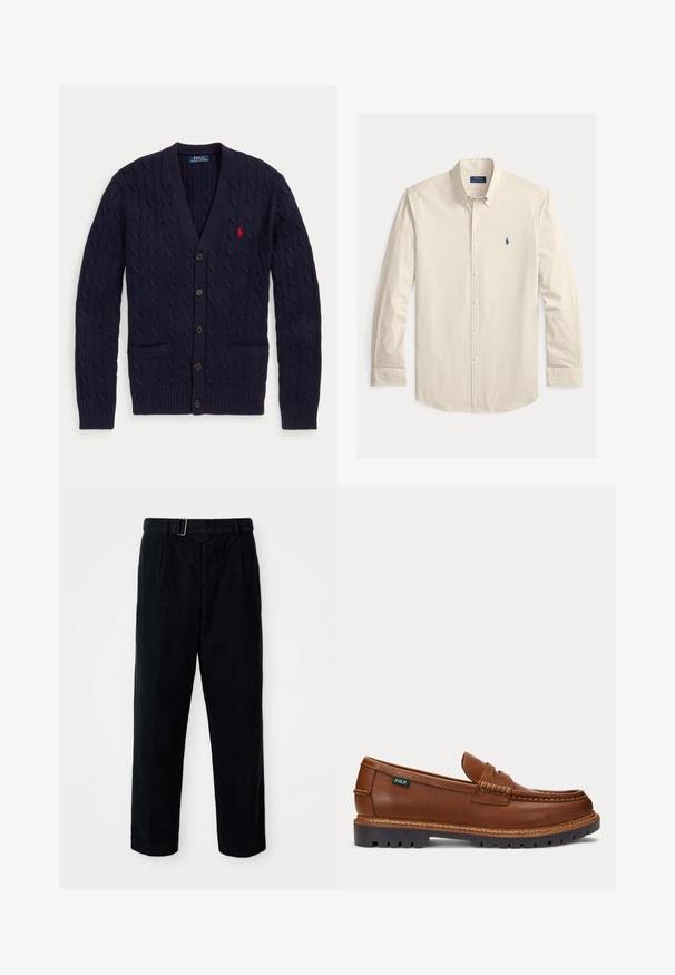 Tummansininen kaapelikuvioinen neuletakki V-pääntiellä, viidellä napilla, kahdella etutaskulla ja punaisella kirjotulla Polo Ralph Lauren -logolla rinnassa.; Beige-valkoraidallinen pitkähihaisen nappikauluksen paita. Siinä on terävä kaulus ja laivastonsininen logo vasemmassa rinnassa. Materiaalina puuvilla.; Mustat corduroypohkeat housut suoran leikkauksen, pleat-edestä ja hopea-soljella varustetun vyön kanssa. Ominaisuuksiin kuuluvat sivutaskut ja teksturoitu kangas.; Ruskea nahkatohveli, jossa ommellut yksityiskohdat, kestävä musta pohja ja pieni "Polo"-merkki sivulla.