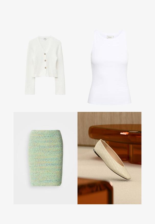 Hvid struktureret strikket cardigan med lange ærmer, V-hals og tre beige knapper ned foran.; Hvid ribbet tanktop med rund halsudskæring og uden ærmer. Strækbart stof og tætsiddende design. Etiketten bagpå viser "GESTUZ."; Knelang nederdel lavet af struktureret, pletret stof i pastelfarvet grøn med nuancer af blå, orange og lilla.; Beige flad sko med geometriske perforeringer svævende over et lyst tæppe i et rum med ravfarvet møbler.