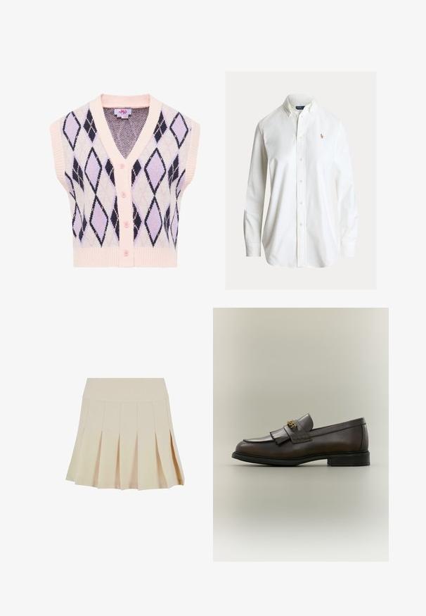 Ærmeløs cardigan i pastelfarver med et diamantmønster i lavendel og marineblå, med en lyserød ribbet kant og fem lyserøde knapper.; Hvid skjorte med lange ærmer med knapper og knaplukket krave samt lille broderet polo-spiller logo på venstre bryst.; Beige plisseret nederdel med en tætsiddende talje, lavet af et glat stof. Har flere lodrette plisser og en lige kant.; Mørkebrun læderloafer med frynser og guldbeslag på sort sål, vist fra siden på en neutral baggrund.