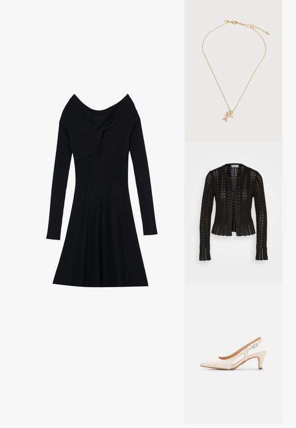 Sort strikket cardigan med åben arbejdsgang, der har en rund halsudskæring, lange ærmer og bølget kant. Forsiden har ingen lukninger.; Anna Field Strikkjoler - black; Hvide slingback hæle med spids tå, glat overmateriale, lav blokhæl og sideudskæringsdesign med justerbar spænderem.; Fin guldkæde med et fiskeformet vedhæng prydet med små krystaller og en enkelt hvid perle.