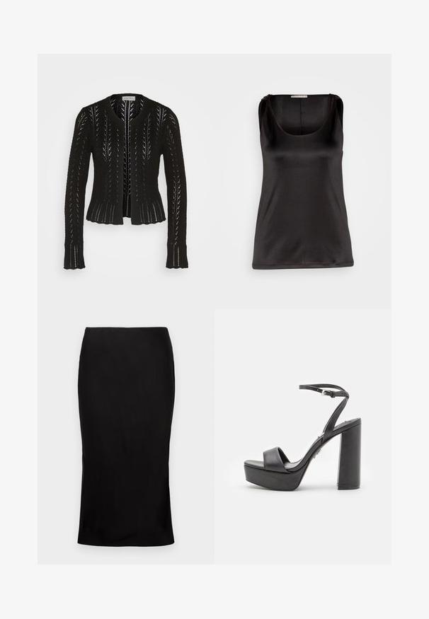 Mustra mustriga mustri, ümmarguse kaelusega, pikkade varrukatega ja lainelise äärisega must kardigan. Ees ei ole kinnitusi.; Anna Field by Zalando Topp - black; Musthave muströiga mustkanga midi seelik, millel on sile tekstuur, külglihase detail ja klassikaline vöökoht. Kujundatud elegantseks siluetiks.; Mustad platvormiga kõrge kontsaga sandaalid, avatud varbaga, laia esiosa rihmaga ja reguleeritava pahkluu rihmaga. Sile nahkviimistlus ja jäme plokk-konts.