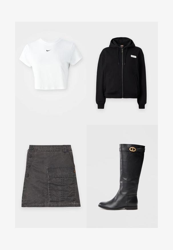 Schwarzer Kapuzenpullover mit Reißverschluss, Fronttaschen, Kordelzug an der Kapuze, gerippten Bündchen und Saum sowie einem kleinen rechteckigen reflektierenden Patch auf der linken Brust.; Weißes, kurz geschnittenes T-Shirt aus Baumwolle mit kurzen Ärmeln und rundem Ausschnitt, versehen mit einem schwarzen Nike-Logo auf der Brust.; Grauer Rock aus strukturiertem Stoff mit einer Knopfleiste vorne und einer Seitentasche. Besitzt einen subtilen, abgenutzten Look und gestickte Details.; Schwarze Kniehohe Stiefel aus Leder mit runder Zehenform, flacher Sohle und einer dekorativen goldfarbenen Schnalle am Schaft. Glatte Textur mit minimaler Gestaltung.