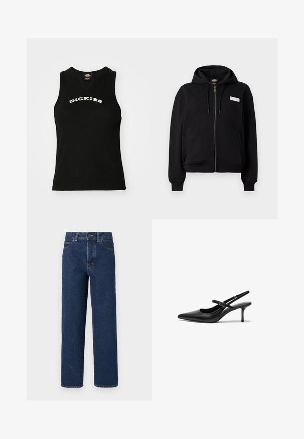 Sudadera con capucha negra y cremallera frontal, con bolsillos delanteros, capucha con cordón, puños y dobladillo acanalados, y un pequeño parche reflectante rectangular en el pecho izquierdo.; Top sin mangas negro con textura acanalada, con un logotipo blanco curvado de "DICKIES" en el pecho y un diseño de escote en V.; Pantalones vaqueros de mezclilla azul oscuro de pierna recta con bolsillos delanteros, trabillas para cinturón, cierre de botón y costuras visibles sobre un fondo blanco.; Zapatos de tacón slingback de cuero negro con punta afilada, correa ajustable delgada y un tacón de aguja de aproximadamente 5 cm, textura suave.