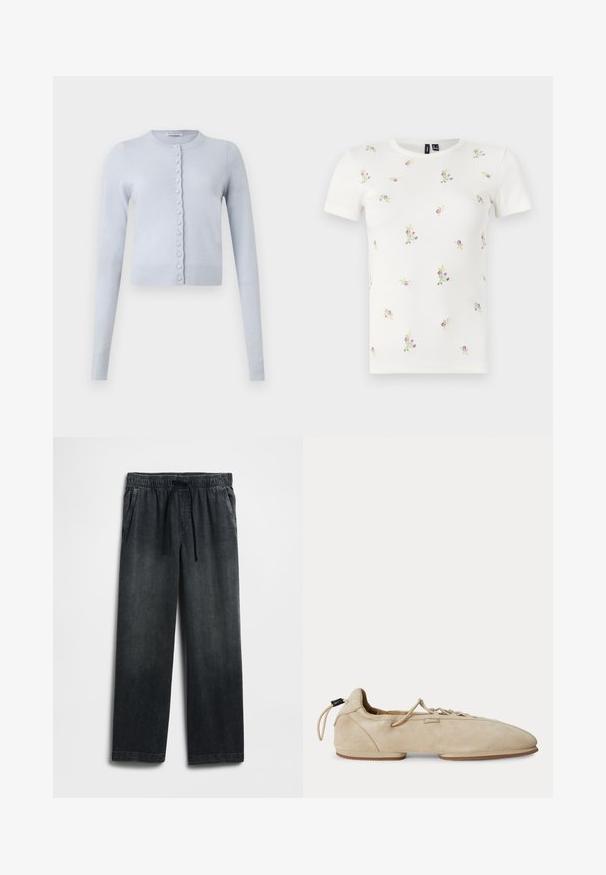 Lyseblå kort cardigan lavet af blødt stof med rund halsudskæring, lange ærmer og en række små matchende knapper ned foran.; Hvid bomulds t-shirt med korte ærmer, med en ribbet tekstur og spredt blomsterbroderi i pink og grøn over hele.; Sorte denimbukser med elastisk talje og snøre, vid pasform og diskret falmet look. To sidelommer inkluderet.; Beige ruskind flad sko med snørebånd foran, rundet tå, lav hæl og Polo-mærke på siden.
