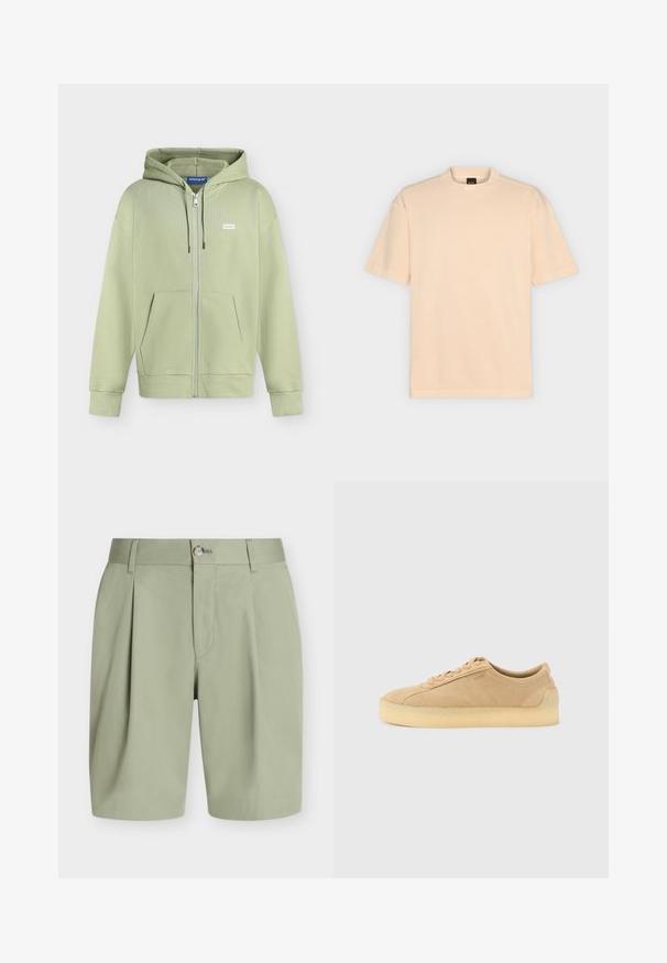 Sweat à capuche zippé vert clair avec poches avant, capuche à cordon de serrage et petit logo blanc "HUGO" sur la partie gauche de la poitrine.; T-shirt beige uni à manches courtes avec col rond et étiquette BOSS à l'intérieur du col arrière, présenté sur un fond gris clair.; Shorts vert clair, cintrés, avec plis, passants pour ceinture, fermeture par bouton et fermeture éclair cachée à l'avant sur fond uni.; Baskets basses en daim beige avec semelle épaisse en gomme, fermeture à lacets à l'avant, et logo discret sur le côté, sur un fond uni gris clair.