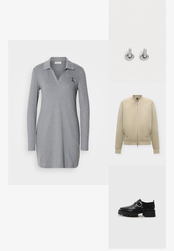 Beige Bomberjacke mit durchgehendem Frontreißverschluss, geripptem Kragen, Bündchen und Saum sowie dezenten seitlichen Taschen.; Graues langärmliges Polokleid aus weichem Material mit einem V-Ausschnitt und einem kleinen gestickten Logo auf der linken Brust.; Schwarze Leder Schuhe mit einer dicken, gerippten Sohle, die mit einer runden silbernen Hardware-Akzent und minimalen Stickdetails ausgestattet sind.; Paar kleine, glänzende silberne Creolen mit rundem Sockel, auf einfachem hellem Hintergrund präsentiert.