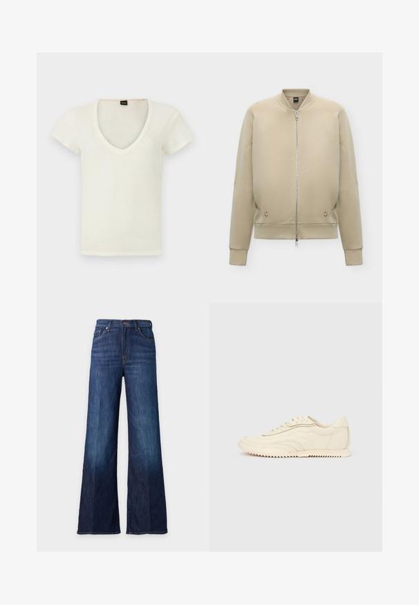 Chaqueta bomber beige con cremallera frontal completa, cuello, puños y bajo acanalados y bolsillos laterales discretos.; Camiseta blanca de manga corta con cuello en V y etiqueta "BOSS" en negro y naranja en el interior del cuello, exhibida sobre un fondo claro y liso.; Vaqueros vaqueros azul oscuro de pierna ancha con bolsillos delanteros y cintura con botones, mostrados sobre un fondo liso y claro.; Zapatilla de perfil bajo color crema con costuras onduladas, cierre de cordones y suela acanalada, mostrada de lado sobre un fondo liso.