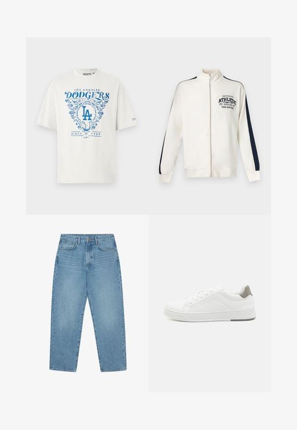 Witte sportjas met ritssluiting en donkerblauwe strepen langs de mouwen, met de tekst "University Athletic League Club 1987 Fear Nothing" op de borst.; Witte katoenen t-shirt met blauwe grafische tekst "LOS ANGELES DODGERS" en "SINCE 1958" met bloemaccenten en het "LA"-logo in het midden.; Lichtblauwe denim jeans met een rechte pijp, vijfzakkenontwerp en een licht verweerde look. Voorzien van een knoop- en ritssluiting.; Witte sneaker van glad leer met een ronde neus, minimalistisch ontwerp, grijze hielaccent en een geplaatste rubberen zool.