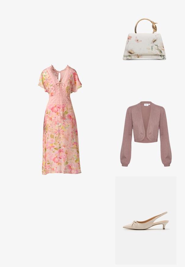 Afskåret cardigan i blødt, lys pink strik med lange, puffede ærmer og åben frontdesign. Har ribbede manchetter og kant.; Pink blomstret midikjole med blondekant, flagrende ærmer og bindebånd ved V-halsudskæringen, lavet af blødt, flydende stof.; Beige patenterede læder slingback hæle med spidse tæer og en dekorativ sløjfe på vampen. Inkluderer en lav, slank hæl og en glat tekstur.; Hvid håndtaske med blomstermønster og sommerfugleprint, trapezformet og med gyldt rundt håndtag med bladdetalje.