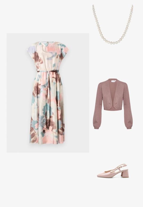 Cárdigan recortado en suave punto de color rosa claro con mangas largas y abullonadas y un diseño de frente abierto. Presenta puños y dobladillo de canalé.; Vestido maxi con mangas cortas tipo cap sleeve, con estampados florales en rosa, azul y marrón sobre una tela color crema, que presenta una cintura elástica y un cinturón a juego.; Zapato de charol rosa con talón abierto, punta cuadrada, correa ajustable y tacón cuadrado. Superficie suave y diseño minimalista.; Una serie de brillantes perlas blancas, cada una redonda y uniforme en tamaño, con una superficie suave y un sutil brillo, unidas por un cordón delgado.
