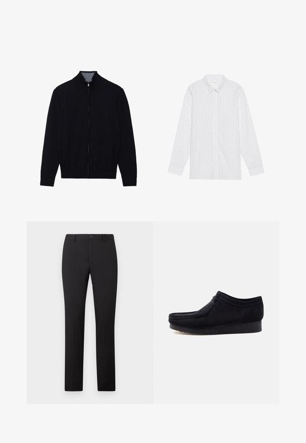 Μαύρο zip-up μπουφάν με ψηλό γιακά, ribbed μανίκια και δύο πλευρικές τσέπες. Κατασκευασμένο από απαλό, υφασμάτινο υλικό.; Λευκό πουκάμισο με λεπτές μαύρες κατακόρυφες ρίγες, διαθέτοντας κλασικό γιακά και μακριά μανίκια με κουμπωτές μανσέτες.; Μαύρο παντελόνι με εφαρμοστή γραμμή και ίσια γραμμή στα πόδια, διαθέτει κλείσιμο με κουμπί και θηλιές για ζώνη. Κατασκευασμένο από λείο ύφασμα χωρίς ορατά σχέδια.; Μαύρο μοκασίνι από σουέτ με κορδόνια στο μπροστινό μέρος και σόλα από κρέπα, εμφανιζόμενο από το πλάι σε λευκό φόντο.