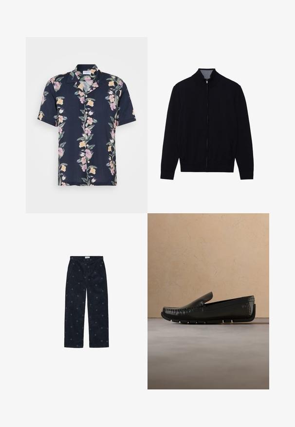 Chaqueta negra con cremallera y cuello alto, puños de canalé y dos bolsillos laterales. Fabricada en un material suave y texturizado.; Camisa de manga corta en tela azul marino oscuro con un patrón floral de flores rosas y amarillas, y un cuello clásico con botones.; Pantalones de corduroy navy con un corte recto, que presentan patrones circulares bordados en toda su extensión. Cierre de botón y cremallera en la parte delantera.; Mocasín negro de cuero sin cordones con suela texturizada, flotando sobre una alfombra beige y mobiliario tapizado a juego bajo una iluminación suave.