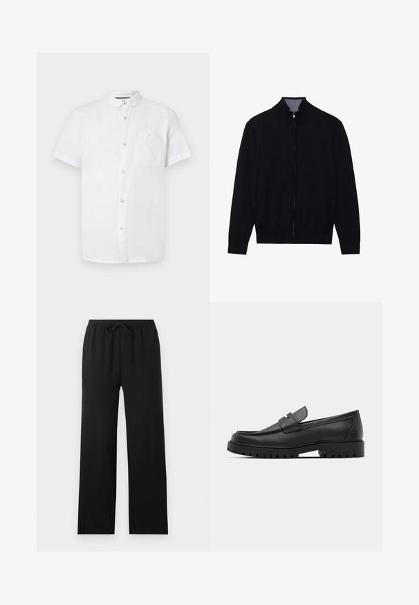 Veste noire zippée avec un col haut, des poignets côtelés et deux poches latérales. Fabriquée dans un matériau lisse et texturé.; Chemise blanche à manches courtes en coton, avec un col boutonné, une poche poitrine et des détails en boutons en bois. Texture lisse.; Pantalon noir ample avec taille élastique et cordon de serrage à l'avant, jambes droites, design sobre, présenté sur un fond neutre.; Mocassins en cuir noir à bout arrondi, avec un design cousu, une semelle plateforme basse et une semelle en caoutchouc texturée et crantée.