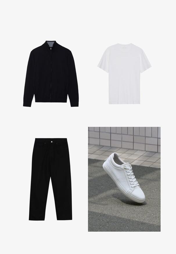 Sort zip-jakke med høj krave, ribbede manchetter og to sidelommer. Fremstillet af et glat, struktureret materiale.; Hvid bomulds T-shirt med korte ærmer, rund hals og en glat tekstur. Har minimal branding på halsudskæringen.; Sorte denim bukser med lige ben, der har to forlommer, en knaplukning foran og subtile syningsdetaljer.; Hvide sneakers med en tekstureret læderoverdel, flade snørebånd og en glat gummisål. Let afrundet tå og minimalistisk design.