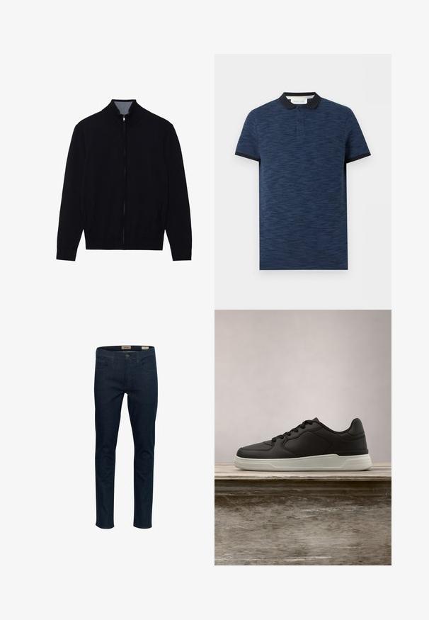 Veste noire zippée avec un col haut, des poignets côtelés et deux poches latérales. Fabriquée dans un matériau lisse et texturé.; Polo bleu marine à manches courtes avec un motif texturé subtil, col et poignets noirs, et patte de boutonnage à deux boutons.; Jean en denim bleu foncé avec une coupe slim, cinq poches et une fermeture à bouton à l'avant. Présente des coutures discrètes et une texture lisse.; Baskets noires avec semelle blanche suspendues au-dessus d'un banc en bois, avec un feuillage vert en arrière-plan flou.