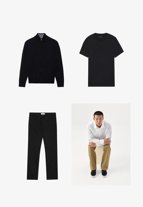 Zwarte zip-up jas met een hoge kraag, geribde manchetten en twee zijzakken. Gemaakt van een gladde, textuurrijke stof.; Zwarte katoenen t-shirt met korte mouwen en een ronde hals. De stof heeft een gladde textuur en een eenvoudig, effen ontwerp.; Zwarte straight-leg jeans met een vijf-pocket ontwerp, knoop- en ritssluiting, en een Pier One merklabel op de tailleband.; Jonge man in wit gestreept overhemd en kaki broek, voorover zittend op een kruk met gekruiste armen, kijkt recht vooruit op een witte achtergrond.