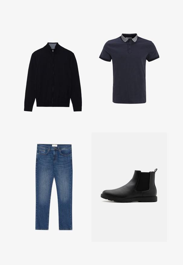 Sort zip-jakke med høj krave, ribbede manchetter og to sidelommer. Fremstillet af et glat, struktureret materiale.; Marineblå polo t-shirt med grå krave, korte ærmer og et micro-prikket mønster. Har tre knapper ved halsen og faste kantdetaljer.; Herre blå denim jeans med lige pasform, fem lommer, let falmning og standard knap- og lynlås lukning.; Sorte læder Chelsea støvle med elastiske sidepaneler, en trækflap og en holdbar gummisål. Glat tekstur og strømlinet design.