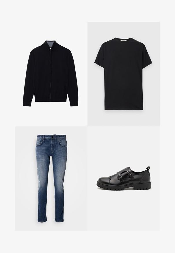 Schwarze Zip-Jacke mit hohem Kragen, gerippten Bündchen und zwei Seitentaschen. Hergestellt aus einem glatten, strukturierten Material.; Schwarzes T-Shirt mit kurzen Ärmeln aus weichem Baumwollstoff. Rundhalsausschnitt mit lockerer Passform, das saubere, einfache Linien aufweist und keine sichtbaren Muster hat.; Antony Morato KURT COMFORT - Jeans Tapered Fit - blue denim; Pier One by Zalando Business-Slipper - black