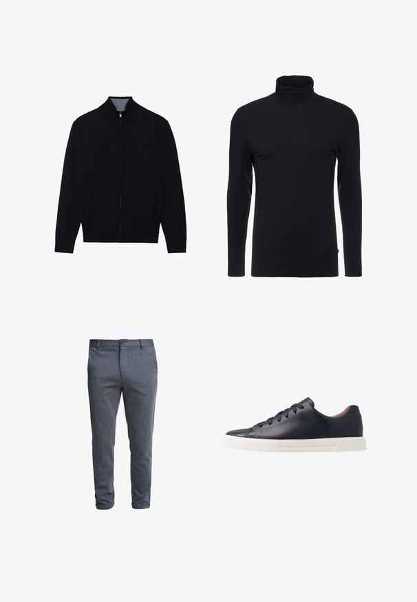 Zwarte zip-up jas met een hoge kraag, geribde manchetten en twee zijzakken. Gemaakt van een gladde, textuurrijke stof.; Zwarte lange mouw turtleneck shirt gemaakt van zachte, rekbare stof. Heeft een aansluitend ontwerp en een gladde textuur. Geen zichtbare patronen of accenten.; Donkergrijze, slim-fit herenbroek met knoopsluiting en riemlussen, weergegeven tegen een witte achtergrond.; Marineblauwe leren sneakers met een gladde afwerking, platte witte rubberen zool, ronde neus en zes marineblauwe veters die door ronde oogjes zijn geregen.