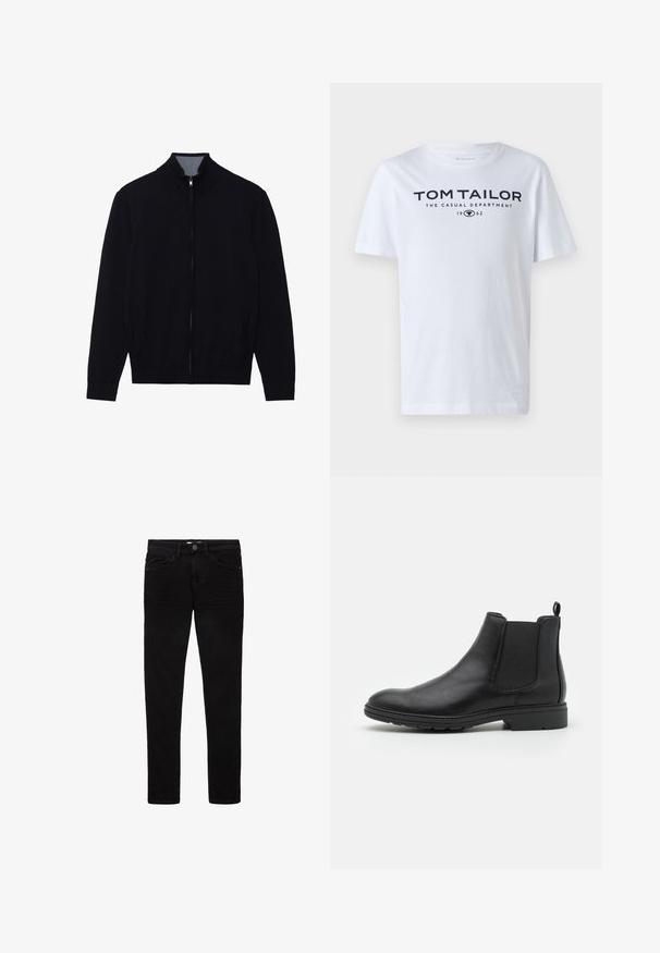 Schwarze Zip-Jacke mit hohem Kragen, gerippten Bündchen und zwei Seitentaschen. Hergestellt aus einem glatten, strukturierten Material.; Weißes Baumwoll-T-Shirt mit Rundhalsausschnitt, kurzen Ärmeln und navyfarbener Schrift, die "TOM TAILOR THE CASUAL DEPARTMENT 1962" lautet.; Schwarze Jeans aus Denim mit schlanker Passform, fünf Taschen und Knopfverschluss. Glatte Textur und minimale Nähte.; Schwarze Leder Chelsea-Stiefel mit elastischen Seiteneinsätzen und einer Ziehschlaufe, runder Zehenform und strukturiertem Gummisohle.