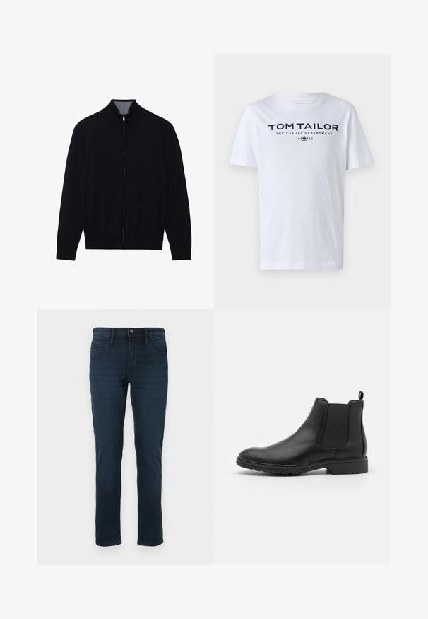 Schwarze Zip-Jacke mit hohem Kragen, gerippten Bündchen und zwei Seitentaschen. Hergestellt aus einem glatten, strukturierten Material.; Weißes Baumwoll-T-Shirt mit Rundhalsausschnitt, kurzen Ärmeln und navyfarbener Schrift, die "TOM TAILOR THE CASUAL DEPARTMENT 1962" lautet.; Dunkelblaue Denim-Jeans mit geradem Bein, fünf Taschen, einem Knopfverschluss und dezentem Verblassen an der Vorderseite.; Schwarze Leder Chelsea-Stiefel mit elastischen Seiteneinsätzen und einer Ziehschlaufe, runder Zehenform und strukturiertem Gummisohle.