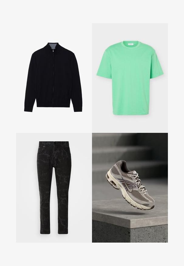 Sort zip-jakke med høj krave, ribbede manchetter og to sidelommer. Fremstillet af et glat, struktureret materiale.; En solid mintgrøn kortærmet t-shirt med rund hals og løs pasform, vist mod en ensfarvet lys baggrund.; Sorte denim jeans med et marmor mønster, lige ben design, fem-lomme stil og en knaplukning i taljen.; Grå og beige Nike løbesko, der svæver i luften over en betonkant med slørede trapper i baggrunden.