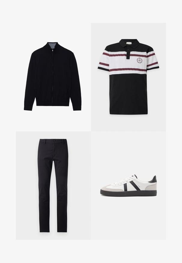 Μαύρο zip-up μπουφάν με ψηλό γιακά, ribbed μανίκια και δύο πλευρικές τσέπες. Κατασκευασμένο από απαλό, υφασμάτινο υλικό.; Ανδρική πόλο μπλούζα με κοντά μανίκια σε οριζόντιες ρίγες μαύρου, άσπρου και βυσσινί με κεντημένο σήμα στο αριστερό στήθος και τρία μαύρα κουμπιά.; Μαύρο παντελόνι από λεία ύφασμα, με σχεδίαση slim fit, κλείσιμο με κουμπί και κανονικές τσέπες χωρίς ορατά σχέδια ή αξεσουάρ.; Λευκό αθλητικό παπούτσι με μαύρες και γκρί λεπτομέρειες, featuring ένα υφή γκρί καλύμμα δαχτύλου, μαύρη καουτσούκ σόλα και επίπεδες λευκές κορδόνες. Καθαρός σχεδιασμός, μινιμαλιστικό στυλ.