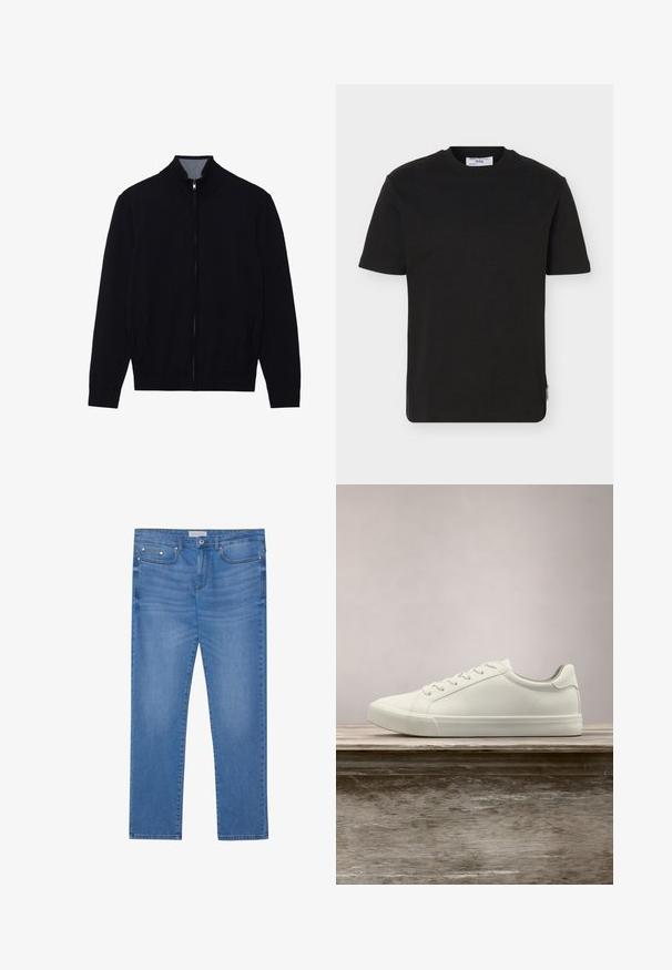 Sort zip-jakke med høj krave, ribbede manchetter og to sidelommer. Fremstillet af et glat, struktureret materiale.; Sort, kortærmet T-shirt med rund hals og en lille mærkeetiket på nederste sidesøm.; Lyseblå denimjeans med lige ben, femlommes design, subtil falming og metalbeslag ved taljen og lommerne.; Hvide snørresneakers svævende over en træbænk med grønne planter i baggrunden, der fremhæver skodesign og tekstur.