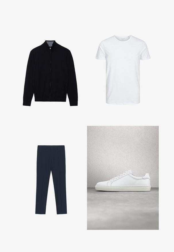 Schwarze Zip-Jacke mit hohem Kragen, gerippten Bündchen und zwei Seitentaschen. Hergestellt aus einem glatten, strukturierten Material.; Rundhals-T-Shirt mit kurzen Ärmeln in reinem Weiß, aus weicher Baumwolle, mit einem schlichten Design ohne sichtbare Muster oder Akzente.; Marineblaue formelle Hose mit maßgeschneidertem Design, glatter Textur und zwei Vordertaschen, mit klaren Linien und geradem Schnitt.; Weißer Sneaker mit glattem Lederobermaterial und niedrigem Profil. Verfügt über eine runde Zehenpartie, sechs Ösen und eine strukturierte Gummisohle.