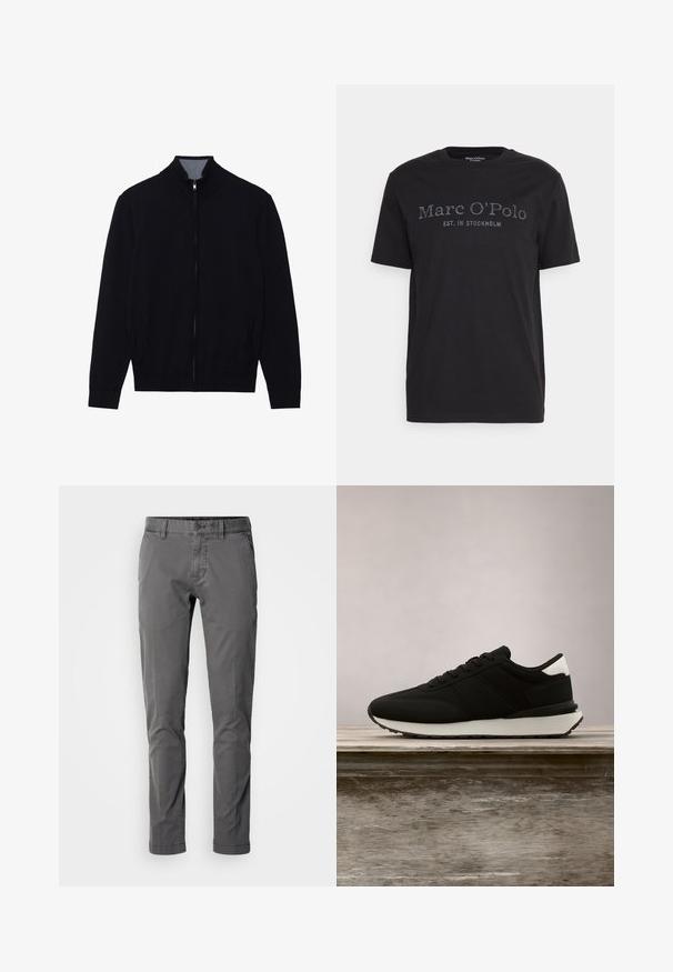 Veste noire zippée avec un col haut, des poignets côtelés et deux poches latérales. Fabriquée dans un matériau lisse et texturé.; T-shirt en coton noir avec col rond et manches courtes. L'avant affiche "Marc O'Polo" et "EST. À STOCKHOLM" en impression contrastante.; Pantalons en coton gris slim-fit avec fermeture à bouton, poches latérales et texture lisse. Caractéristiques d'un design classique et d'une silhouette ajustée.; Baskets noires avec semelle blanche et détail au talon flottant au-dessus d'un banc en bois, herbes hautes vertes floues en arrière-plan.