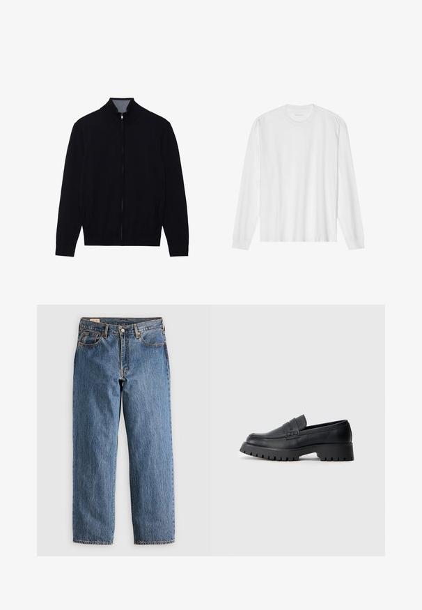 Zwarte zip-up jas met een hoge kraag, geribde manchetten en twee zijzakken. Gemaakt van een gladde, textuurrijke stof.; Wit, lang katoen T-shirt met lange mouwen en ronde hals, met geribde manchetten en een rechte zoom, een gladde textuur en een minimalistisch ontwerp.; Blauwe denim jeans met een rechte snit, met een hoge taille, koperen klinknagels en oranje stiksels. Voor- en achterzakken inbegrepen.; Zwarte leren instappers met een ronde neus, voorzien van een decoratieve riem en een stevige rubberen zool met diepe groeven voor grip.