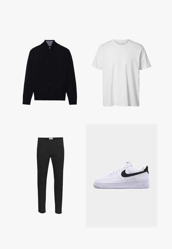 Sort zip-jakke med høj krave, ribbede manchetter og to sidelommer. Fremstillet af et glat, struktureret materiale.; Enkelt hvid T-shirt med korte ærmer og rund hals, løs pasform og uden synlige logoer eller designs foran.; Sorte bukser lavet af solidt stof, med en standard pasform, fem lomme design og en knaplukning. Slank og alsidig.; Hvide lædersneakers med en struktureret sort Swoosh, flade snørebånd og en gummisål med et rillemønster. "AIR" er præget på hælen.