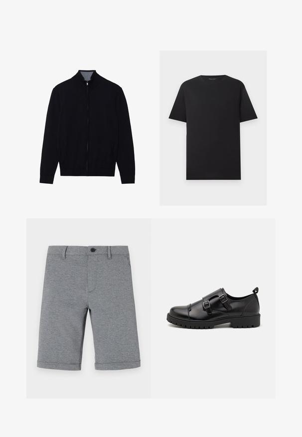 Μαύρο zip-up μπουφάν με ψηλό γιακά, ribbed μανίκια και δύο πλευρικές τσέπες. Κατασκευασμένο από απαλό, υφασμάτινο υλικό.; Μαύρο κοντομάνικο T-shirt με στρογγυλή λαιμόκοψη και απλό σχέδιο, εμφανίζεται επίπεδο σε ανοιχτό γκρι φόντο.; Γκρίζες σορτς μέχρι το γόνατο φτιαγμένες από υφασμένο ύφασμα, με κούμπωμα, μία μπροστινή τσέπη και προσεκτικά ρολλαρισμένα τελειώματα.; Pier One by Zalando Έξυπνα slip-on παπούτσια - black