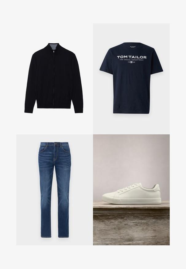 Zwarte zip-up jas met een hoge kraag, geribde manchetten en twee zijzakken. Gemaakt van een gladde, textuurrijke stof.; Marineblauwe katoenen T-shirt met vet witte tekst: "TOM TAILOR THE CASUAL DEPARTMENT 1962." Korte mouwen en ronde halsontwerp.; Donkerblauwe denim jeans met een klassieke rechte pasvorm, vijfzakkenontwerp en lichte vervaging details op de benen. Voorzien van een knoop- en ritssluiting.; Witte vetersneaker die boven een houten bank zweeft met groene bladeren op de achtergrond, waarbij het ontwerp en de textuur van de schoen worden getoond.