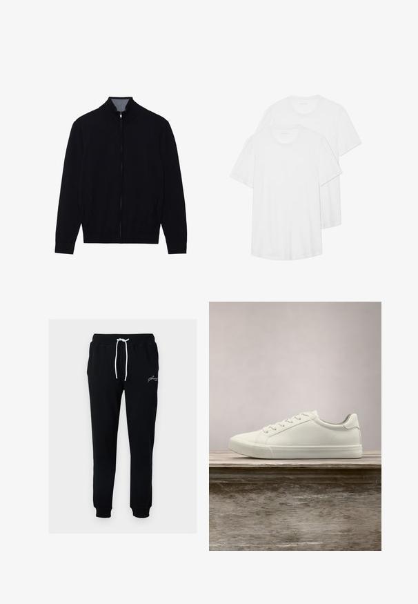 Veste noire zippée avec un col haut, des poignets côtelés et deux poches latérales. Fabriquée dans un matériau lisse et texturé.; Deux T-shirts blancs à manches courtes en coton, dotés d'un col rond, d'une texture douce et d'un design simple et sans ornement.; Pantalon de survêtement noir en tissu mélange de coton. Dispose d'une taille à cordon avec des liens blancs et d'un petit logo brodé blanc près de la hanche.; Sneaker en dentelle blanche flottant au-dessus d'un banc en bois avec un feuillage vert en arrière-plan, mettant en valeur le design et la texture de la chaussure.