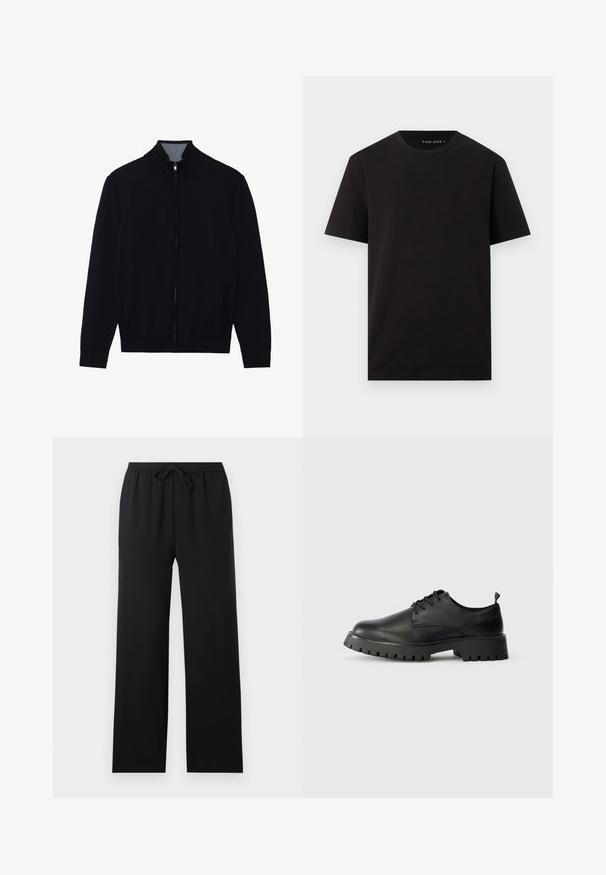 Veste noire zippée avec un col haut, des poignets côtelés et deux poches latérales. Fabriquée dans un matériau lisse et texturé.; T-shirt noir à manches courtes avec col rond et ourlet droit, en tissu lisse, présenté sur fond blanc uni.; Pantalon noir ample avec taille élastique et cordon de serrage à l'avant, jambes droites, design sobre, présenté sur un fond neutre.; Chaussures en cuir noir à lacets avec un bout arrondi, surface texturée et semelle en caoutchouc épaisse dotée de profondes rainures pour une meilleure adhérence.