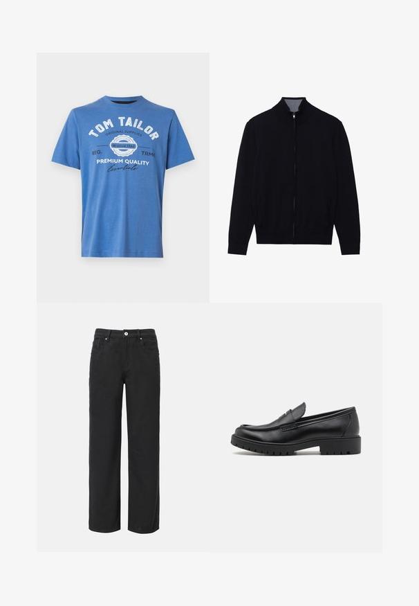 Schwarze Zip-Jacke mit hohem Kragen, gerippten Bündchen und zwei Seitentaschen. Hergestellt aus einem glatten, strukturierten Material.; Blaue kurzärmlige T-Shirt aus Baumwolle. Mit bedrucktem Text "TOM TAILOR" und Logo. Klassischer Rundhalsausschnitt und gerader Saum.; Schwarze weit geschnittene Baumwollhosen mit vier Taschen, Frontknopfverschluss und klassischem Jeansdesign. Glatte Textur, ohne sichtbare Muster.; Schwarze Lederloafers mit runder Zehenform, eleganter Schlupfdesign und dicker Gummisohle mit strukturiertem Griff. Erhöhter Absatz und dezente Nähdetails.