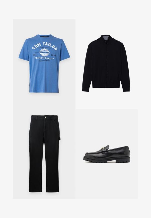 Zwarte zip-up jas met een hoge kraag, geribde manchetten en twee zijzakken. Gemaakt van een gladde, textuurrijke stof.; Blauwe T-shirt met korte mouwen van katoen. Voorzien van geprinte tekst met "TOM TAILOR" en logo. Klassieke ronde halslijn en rechte zoom.; Zwarte rechte werkbroek met voorzakken, riemlussen, knoopsluiting en zijgereedschapslus op een effen achtergrond.; Zwarte leren instappers met een zachte afwerking, ronde neus, een decoratieve band met gouden hardware en een robuuste zwarte zool.