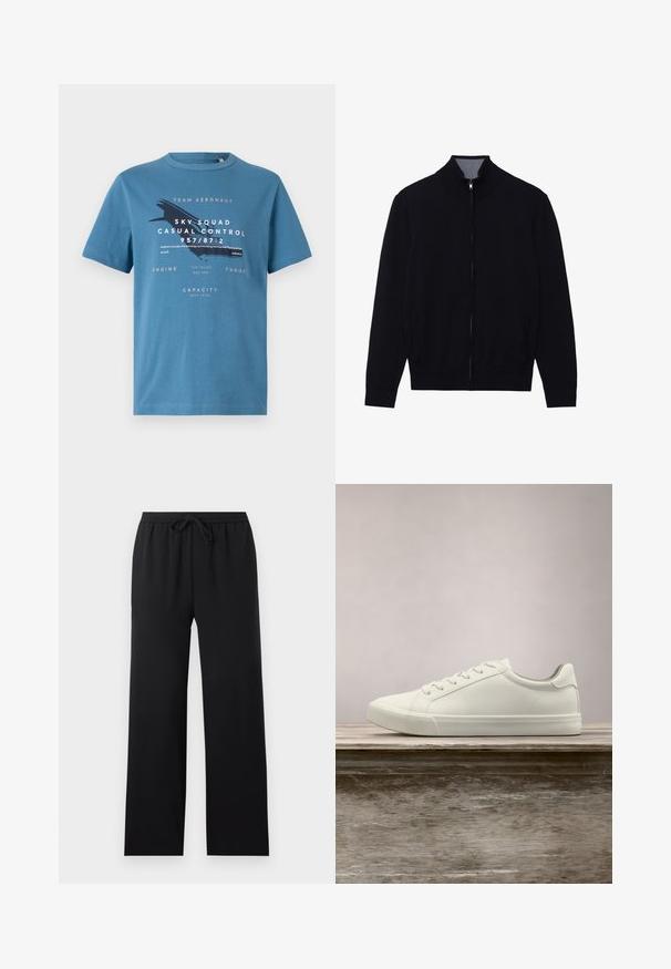 Sort zip-jakke med høj krave, ribbede manchetter og to sidelommer. Fremstillet af et glat, struktureret materiale.; Blå bomulds t-shirt med korte ærmer, med grafisk tekst og et flydesign på forsiden. Rund hals og regular fit.; Sorte løstsiddende bukser med elastisk talje og forreste snor, lige ben, ensfarvet design, vist på en neutral baggrund.; Hvide snørresneakers svævende over en træbænk med grønne planter i baggrunden, der fremhæver skodesign og tekstur.