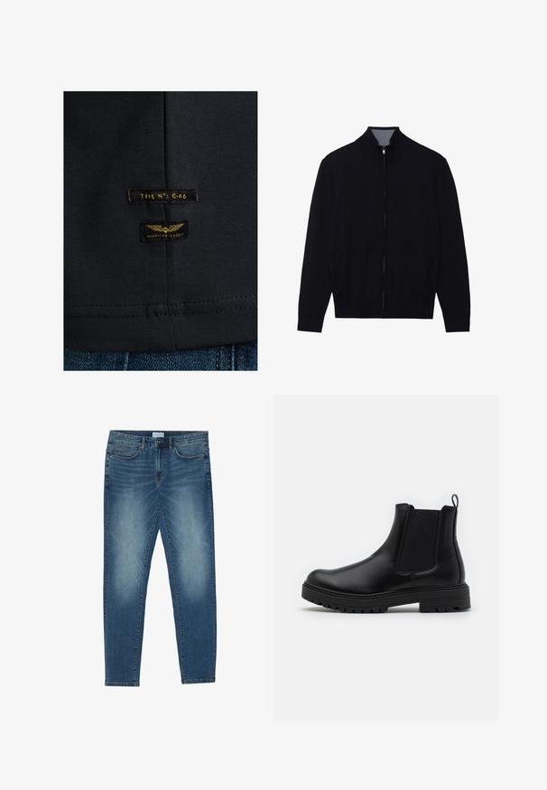 Schwarze Zip-Jacke mit hohem Kragen, gerippten Bündchen und zwei Seitentaschen. Hergestellt aus einem glatten, strukturierten Material.; Schwarzes Baumwoll-T-Shirt mit glatter Textur. Verfügt über zwei Etiketten: "TYPE NO: C-46" und "AMERICAN CLASSIC" in Gelb auf dunklem Stoff.; Jeans aus Denim in mittlerem Blau mit einer verblassten Waschung, Fünf-Taschen-Design, geradem Bein und gestickten Akzenten. Mit Knopf- und Reißverschluss.; Zign by Zalando LEATHER - Stiefelette - black