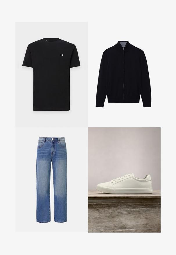 Veste noire zippée avec un col haut, des poignets côtelés et deux poches latérales. Fabriquée dans un matériau lisse et texturé.; T-shirt en coton noir à manches courtes, col rond, avec un petit logo blanc sur la poitrine gauche. Texture lisse, design simple.; Jeans en denim bleu clair à jambes larges avec un motif délavé, cinq poches et une fermeture à glissière. Comprend un bouton et des passants de ceinture à la taille.; Sneaker en dentelle blanche flottant au-dessus d'un banc en bois avec un feuillage vert en arrière-plan, mettant en valeur le design et la texture de la chaussure.